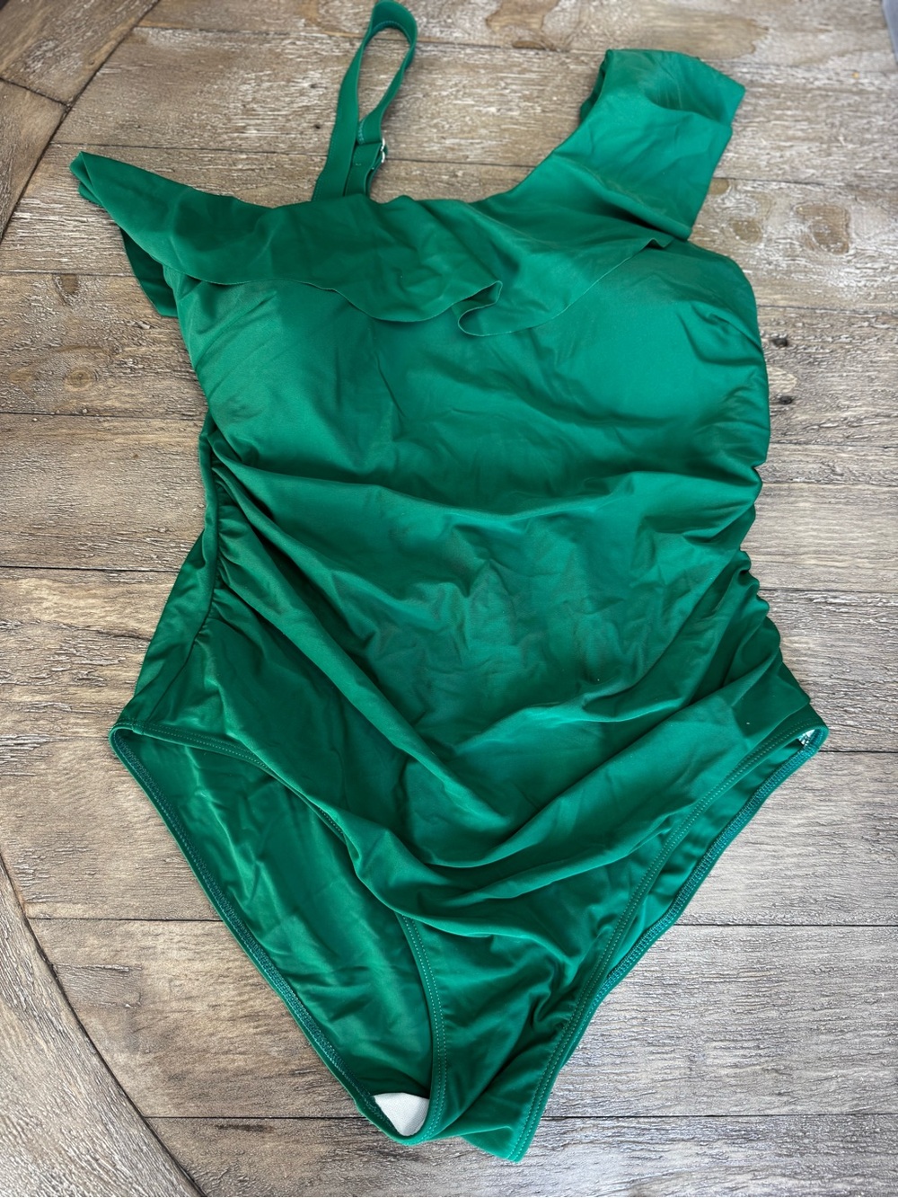 Aqua Eve Green One Shoulder Ruffle One Piece Swimsuit 16W NWT